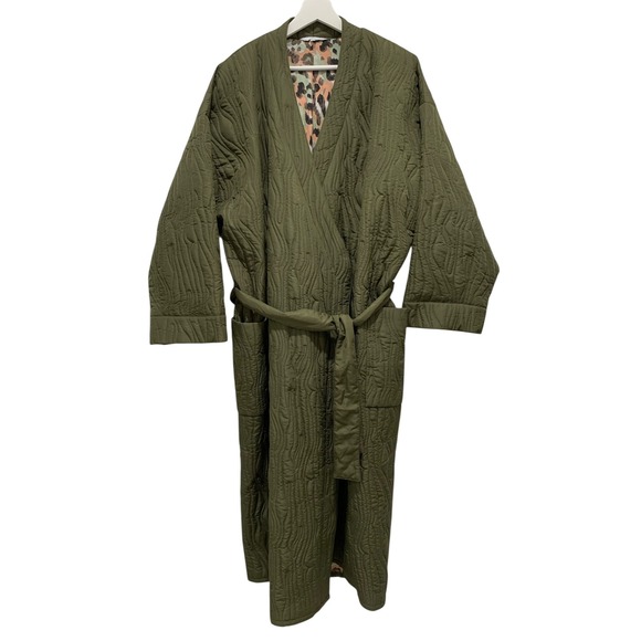 Calme Jackets & Blazers - Calme Johnny Was Ava XXL Olive Green Quilted Robe Coat Lining Tie Waist Pockets